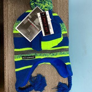 Weatherproof Blue/Lime Hat/Gloves Kids Sz 8-20 NEW